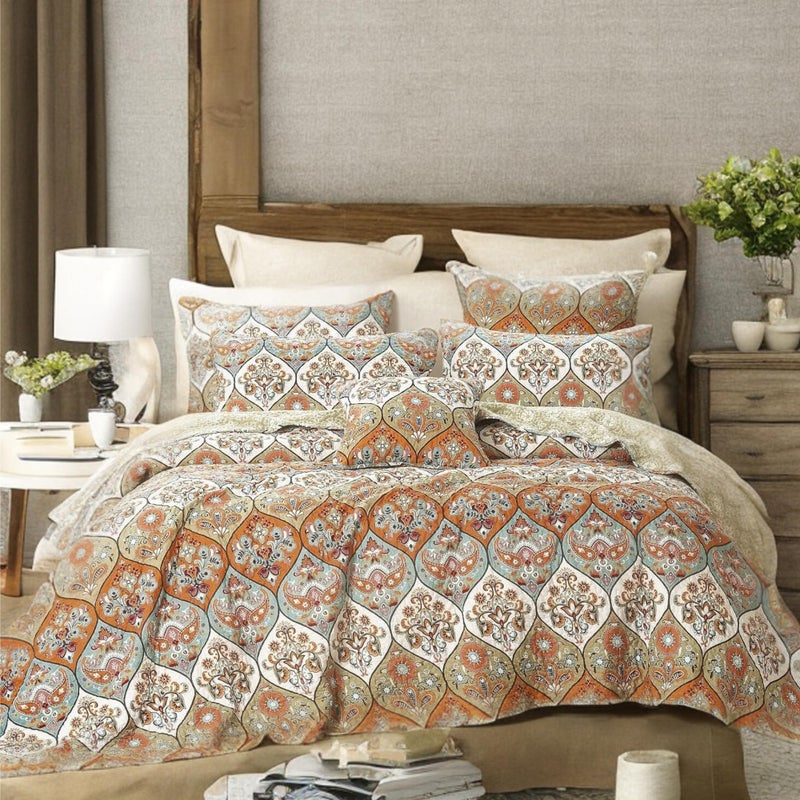 DaDa Bedding Bohemian Bedspread Set - Coral Floral Paisley Garden Party Reversible Coverlet - Bright Vibrant Multi-Colorful Blue Salmon Pink - King - 3-Pieces - Image 1